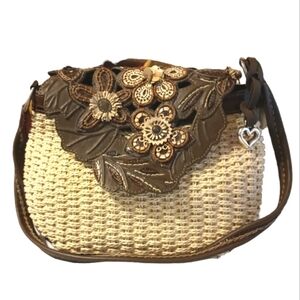 NEW Brighton Cassia Nat Woven Straw and Leather Floral Handbag Shoulder Purse